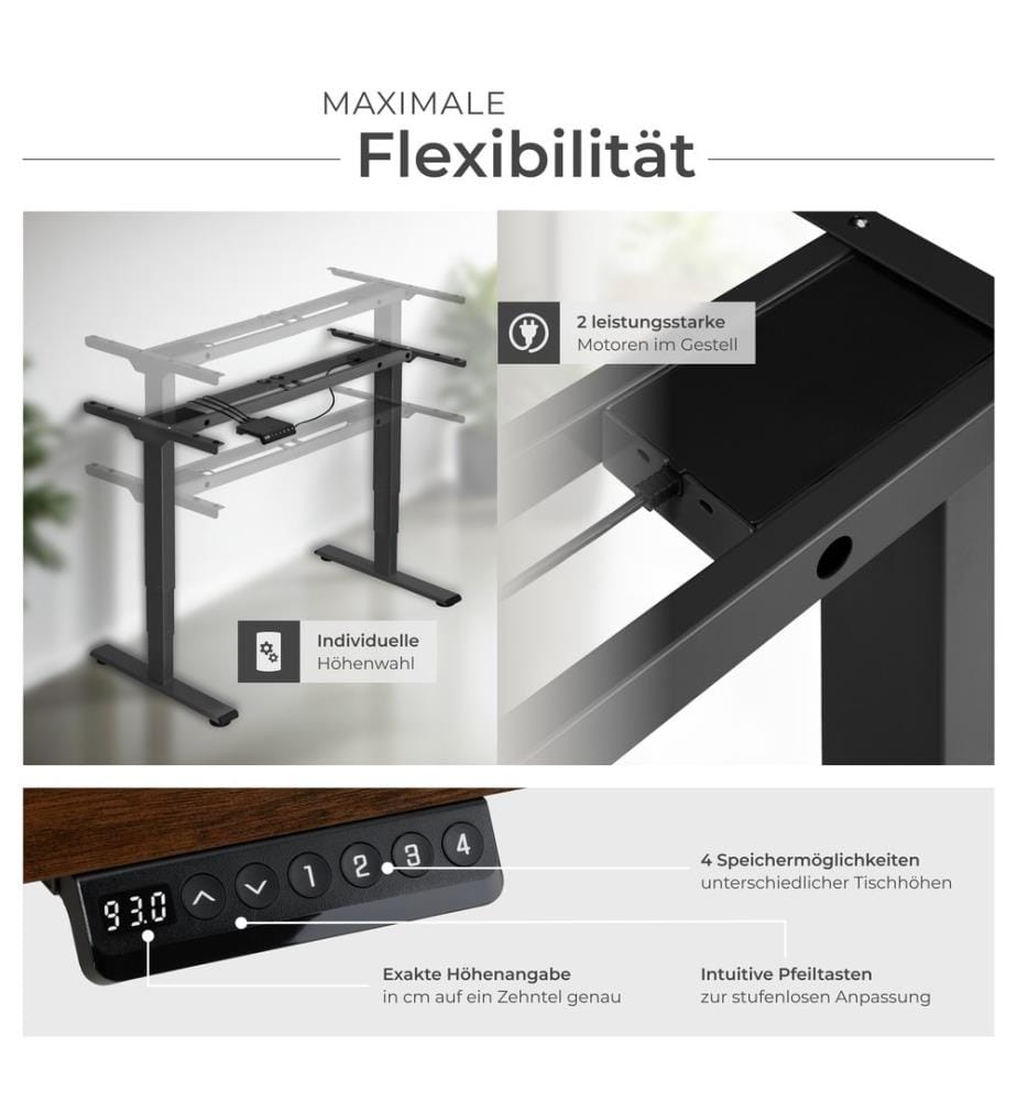 Standing Desk Frame - electrically height-adjustable, 3-stage, 100 kg load capacity - black