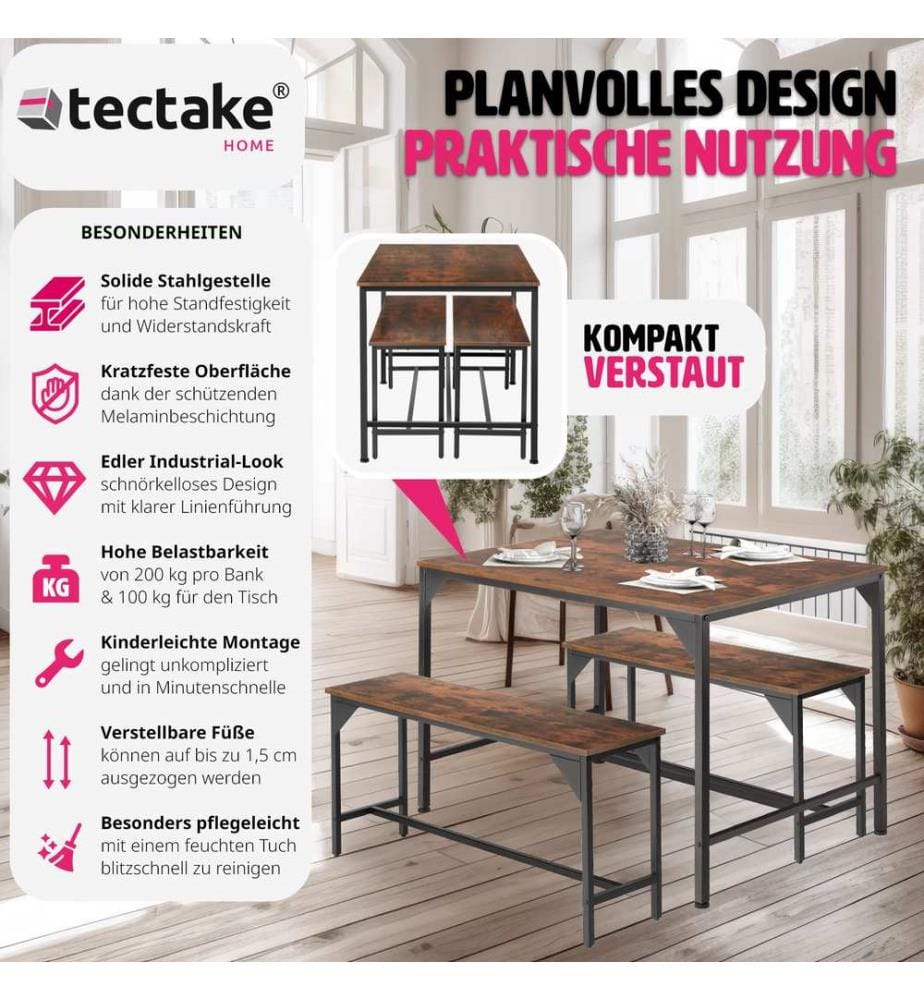 Dining Table Set Bolton - 3-piece, 2 benches - Industrial wood dark, rustic