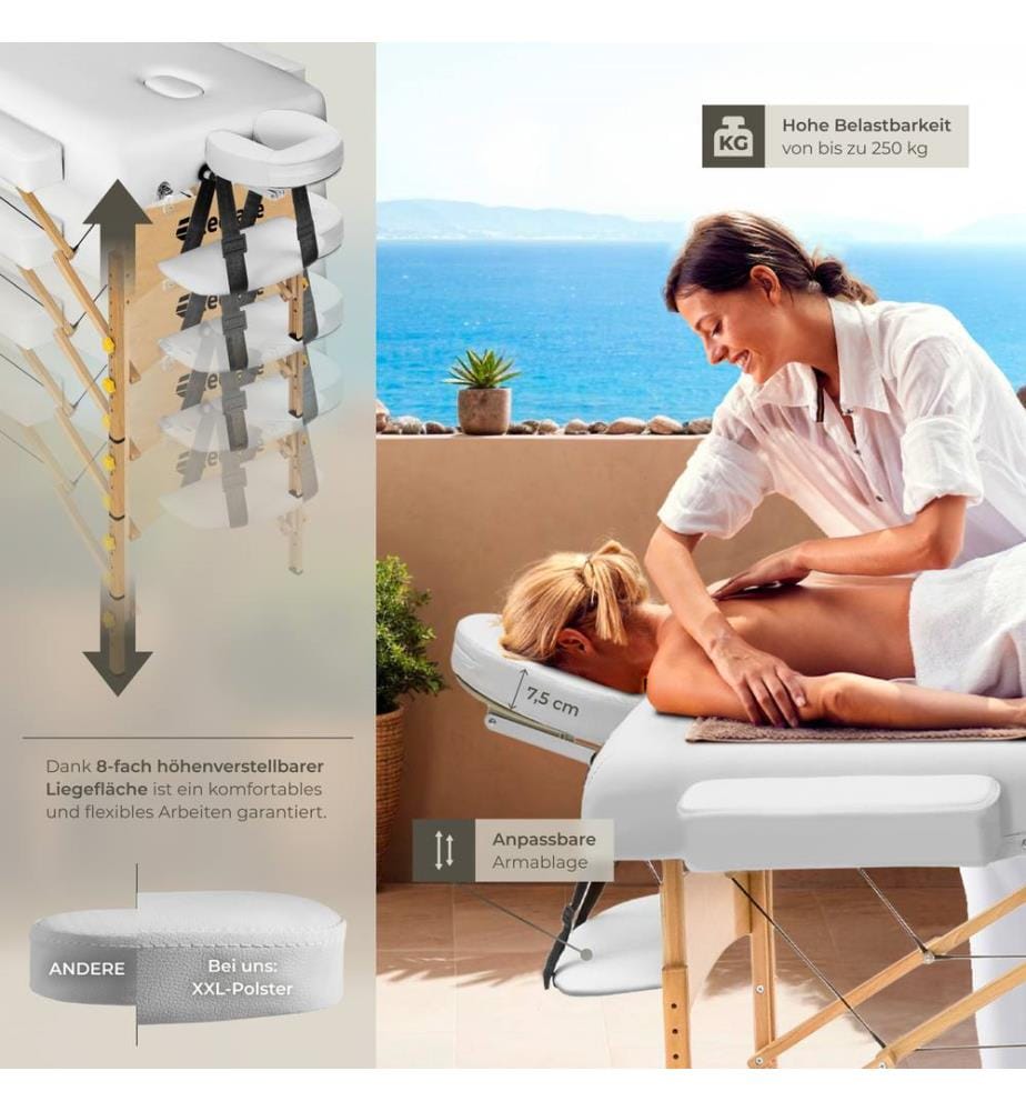 Table de massage Somwang 3 zones avec rembourrage de 7,5 cm et châssis en bois - blanc