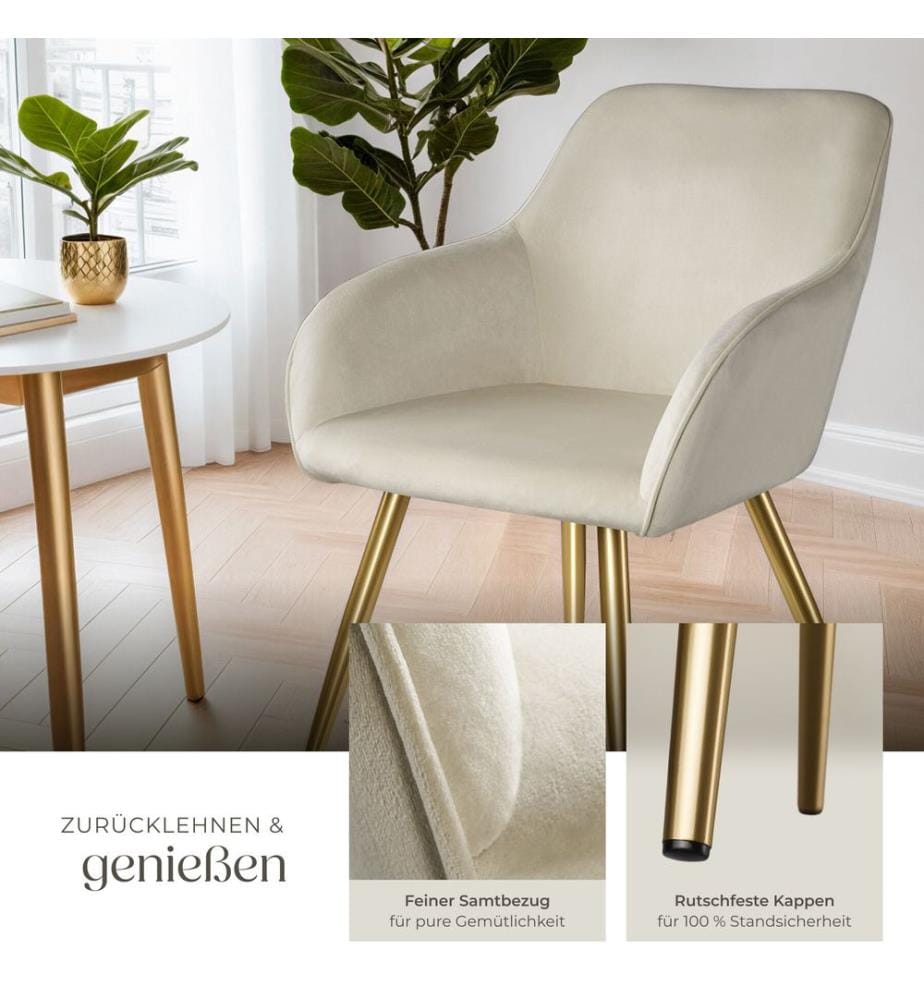 Stuhl Marilyn Samtoptik, goldene Stuhlbeine - cremegold, 6er Set