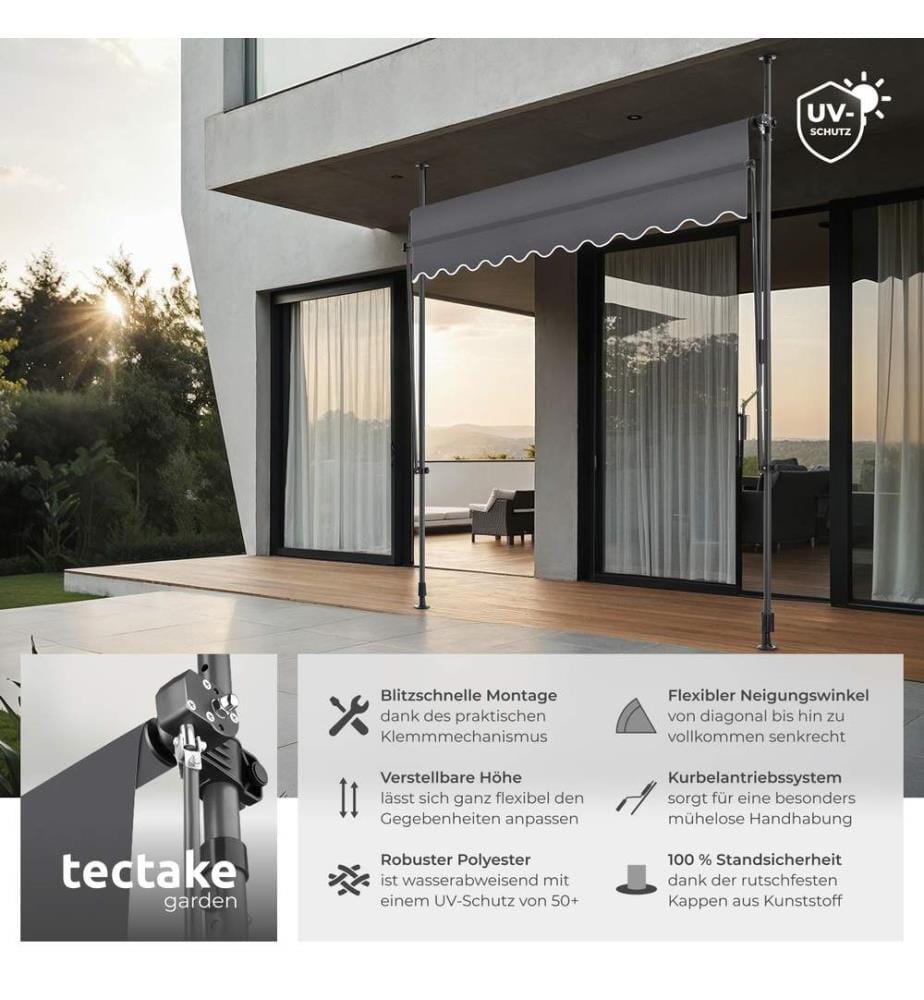 Tenda a morsetto con manovella, altezza regolabile - 250 x 180 cm, nerogrigio