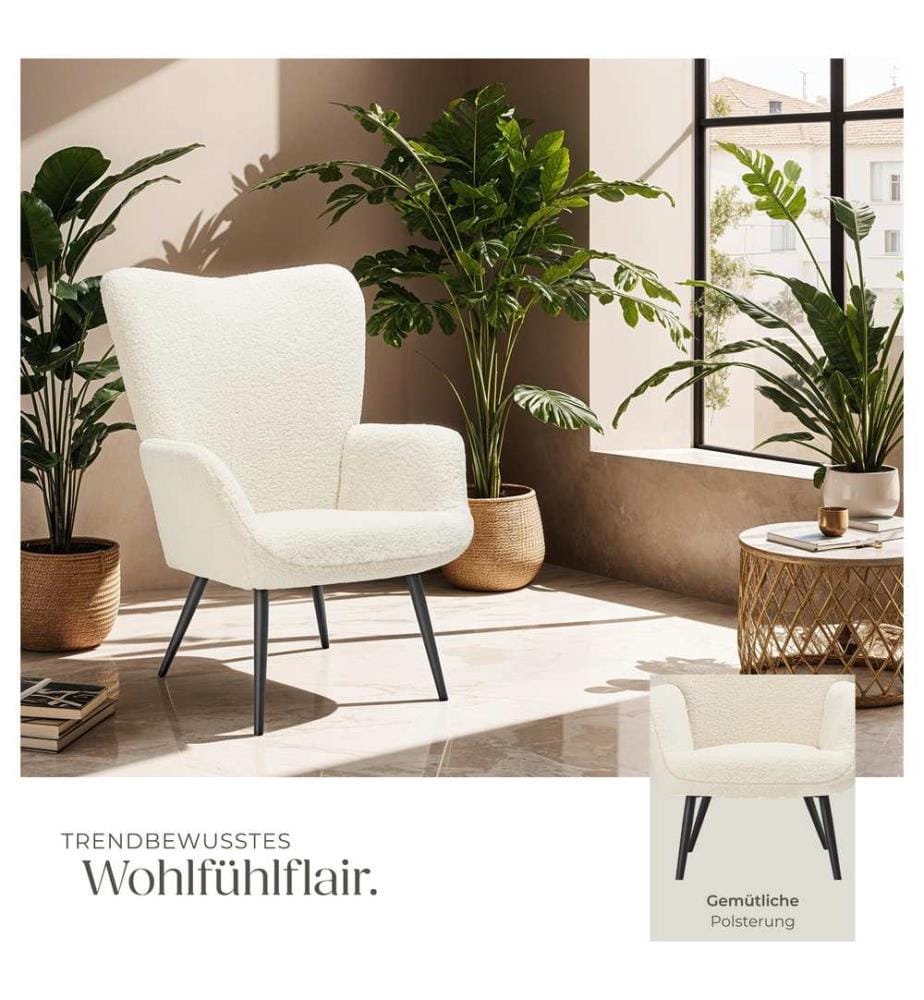 Sessel Hygge gepolstert, ergonomisch, Belastbarkeit 150 kg - ohne Hocker, Bouclé cremeschwarz