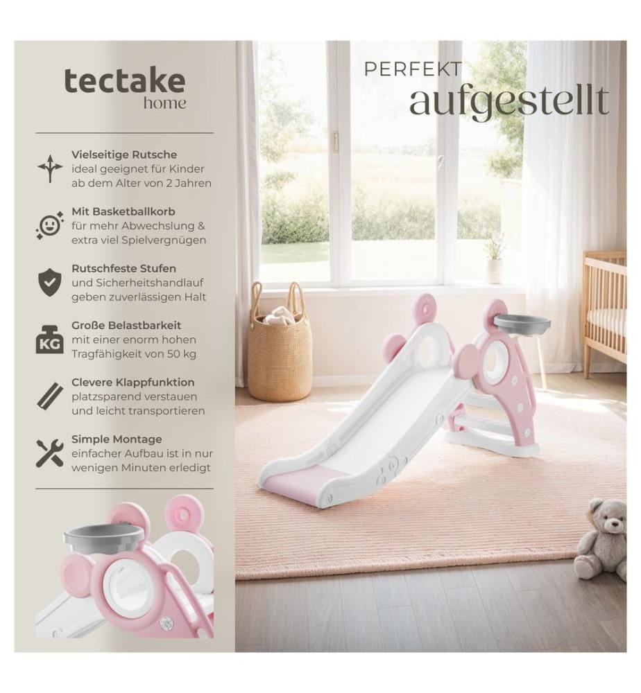 Scivolo per bambini Joy, con canestro da basket, pieghevole - rosa fucsia