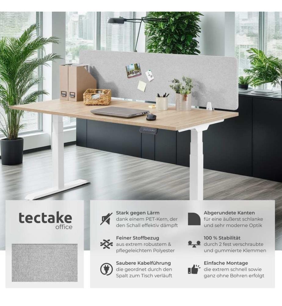 Cloison de bureau Noisy avec coins arrondis - 160 x 40 cm, gris