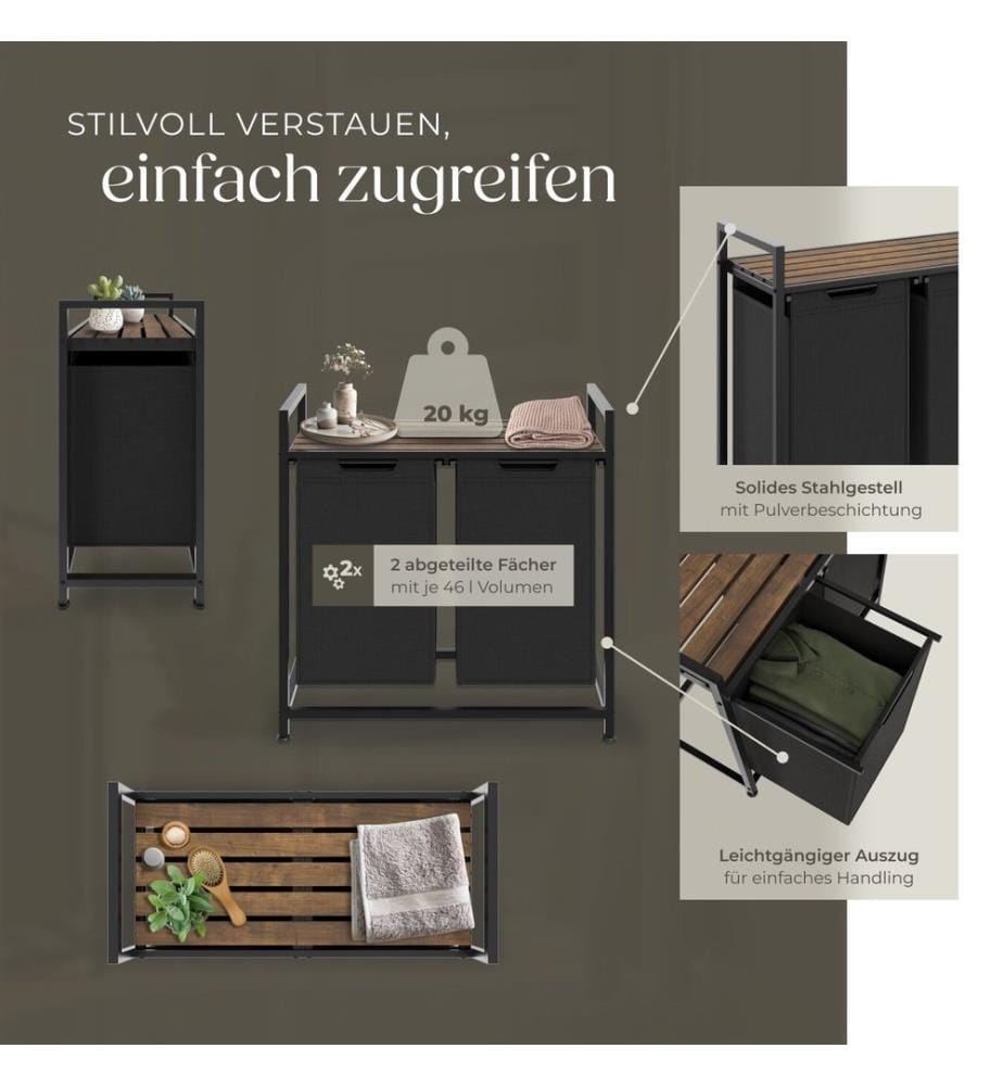 Dual Laundry Basket - 2 pull out compartments, wooden folding shelf & high capacity - 34 x 74 x 72 cm