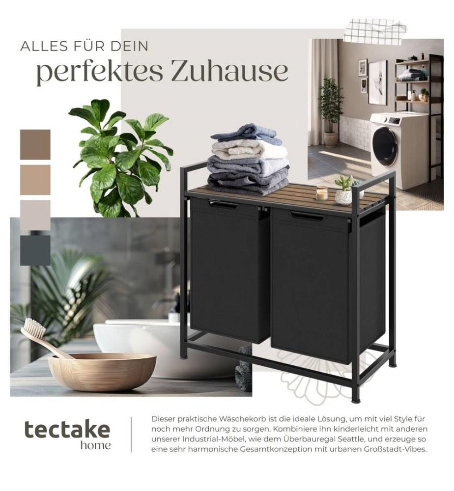 Dual Laundry Basket - 2 pull out compartments, wooden folding shelf & high capacity - 34 x 74 x 72 cm