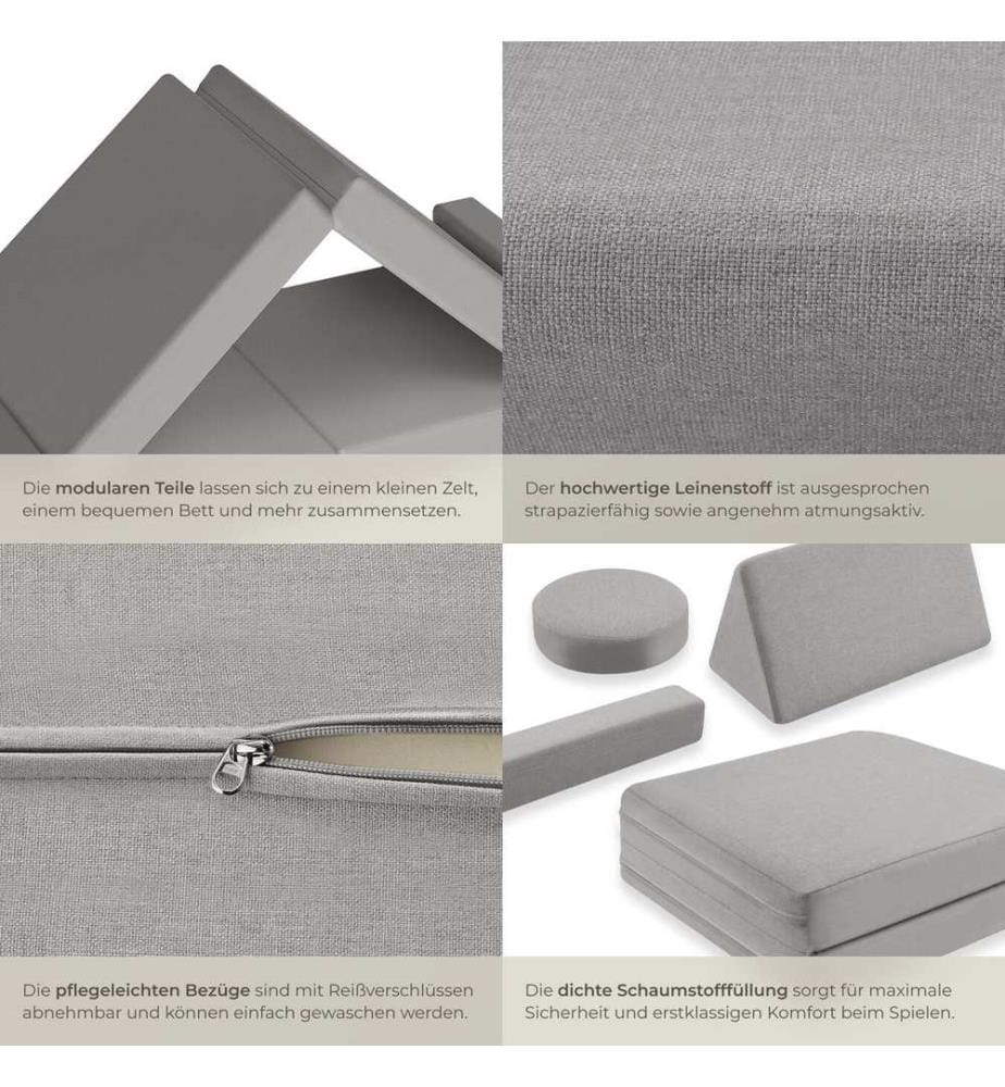 Divano da gioco Lilly, 8 pezzi, con funzione letto - 160 cm, grigio