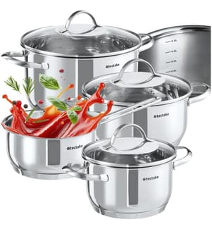 Saucepan Set Bologna - 4 stainless steel pots, 3 glass lids, induction safe & incl measuring lines - silver