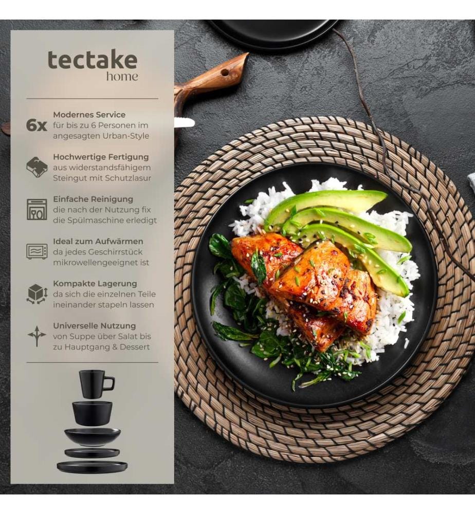 Dinnerware Set Una - dinner set, incl plates, bowls and mugs, for 6 people - 30 pc, black