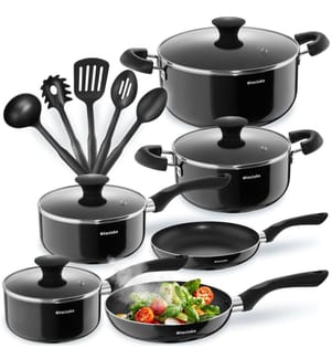 Pan Set Varese - 15-piece, 4 pots, 2 pans, non-stick, including kitchen utensils - black