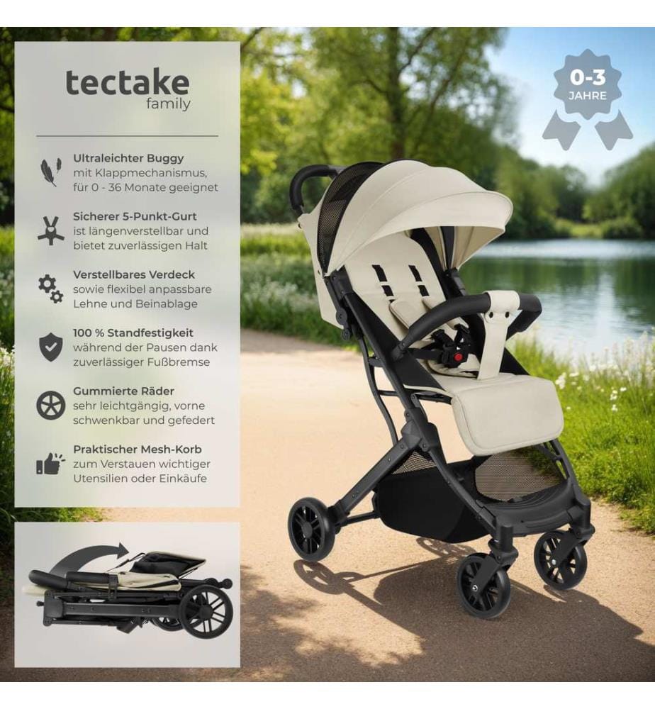 Poussette buggy FINN pliable avec harnais à 5 points - grisbeige