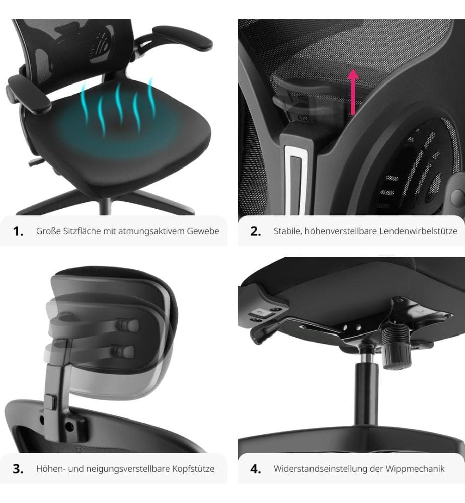 Office Chair Arges - ergonomic shape, adjustable lumbar support and headrest - black