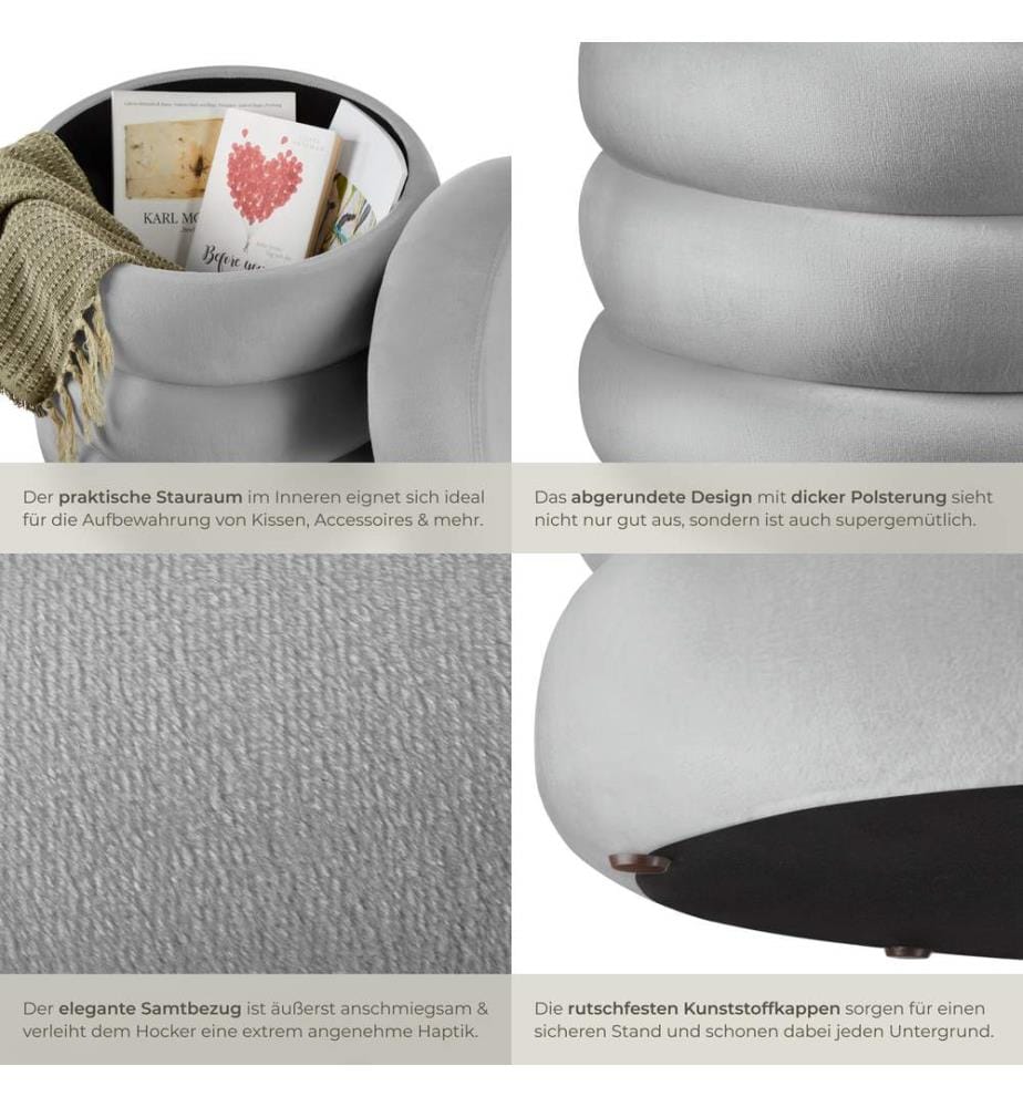 Stool Altu - padded seat, large storage space - velvet look grey