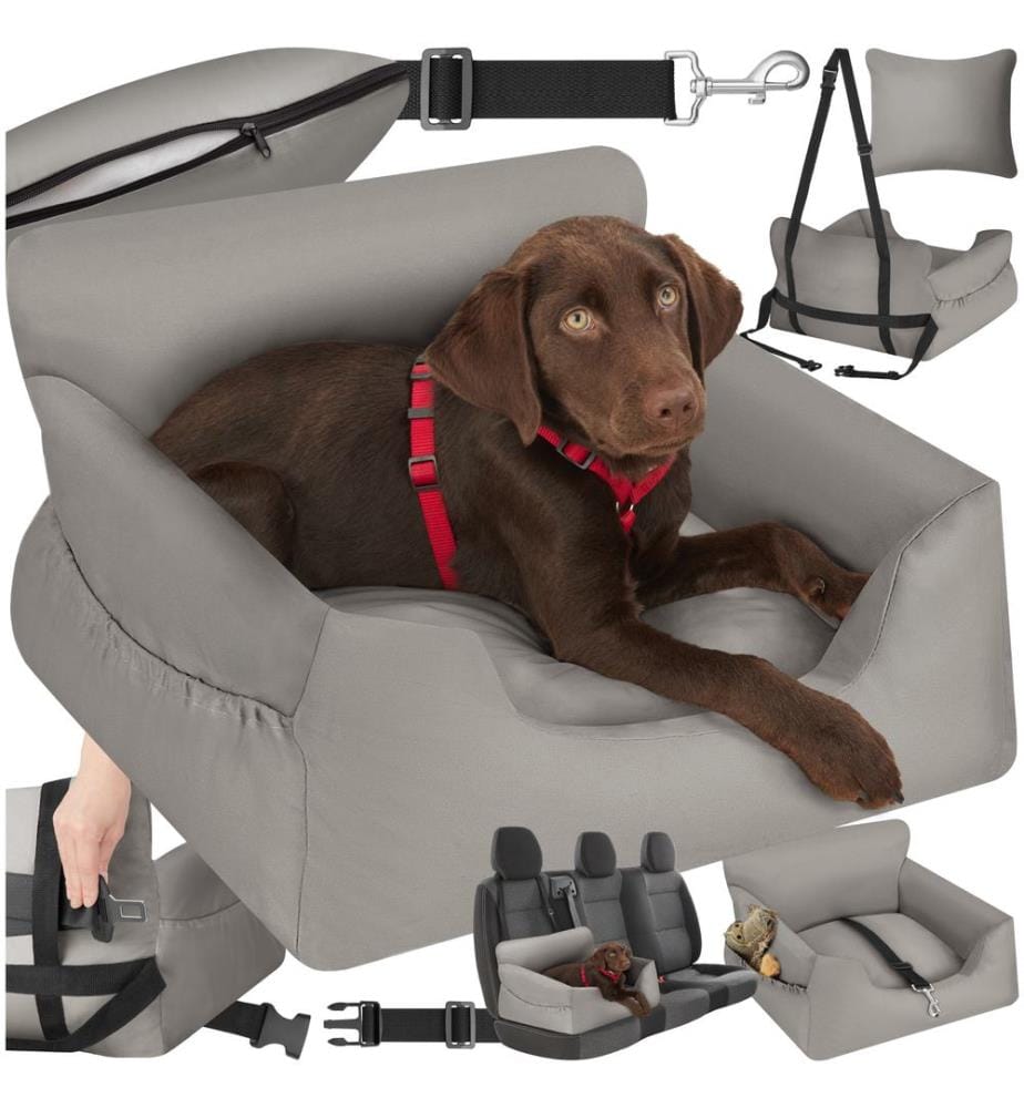 Seggiolino auto per cani Milow, imbottito, con guinzaglio di sicurezza - grigio