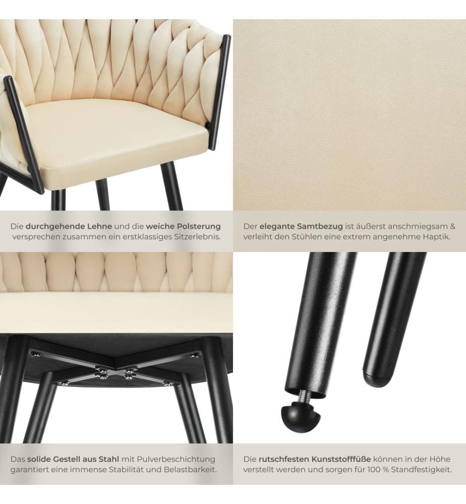 Set Esszimmerstuhl Astano Samt, Knotendesign - Sand, 6er Set