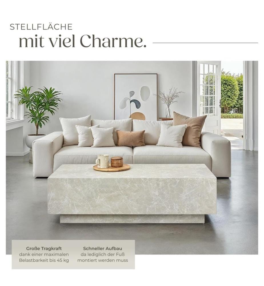 Table basse LASLEY avec pied - Aspect travertin, 120 x 60 x 35 cm