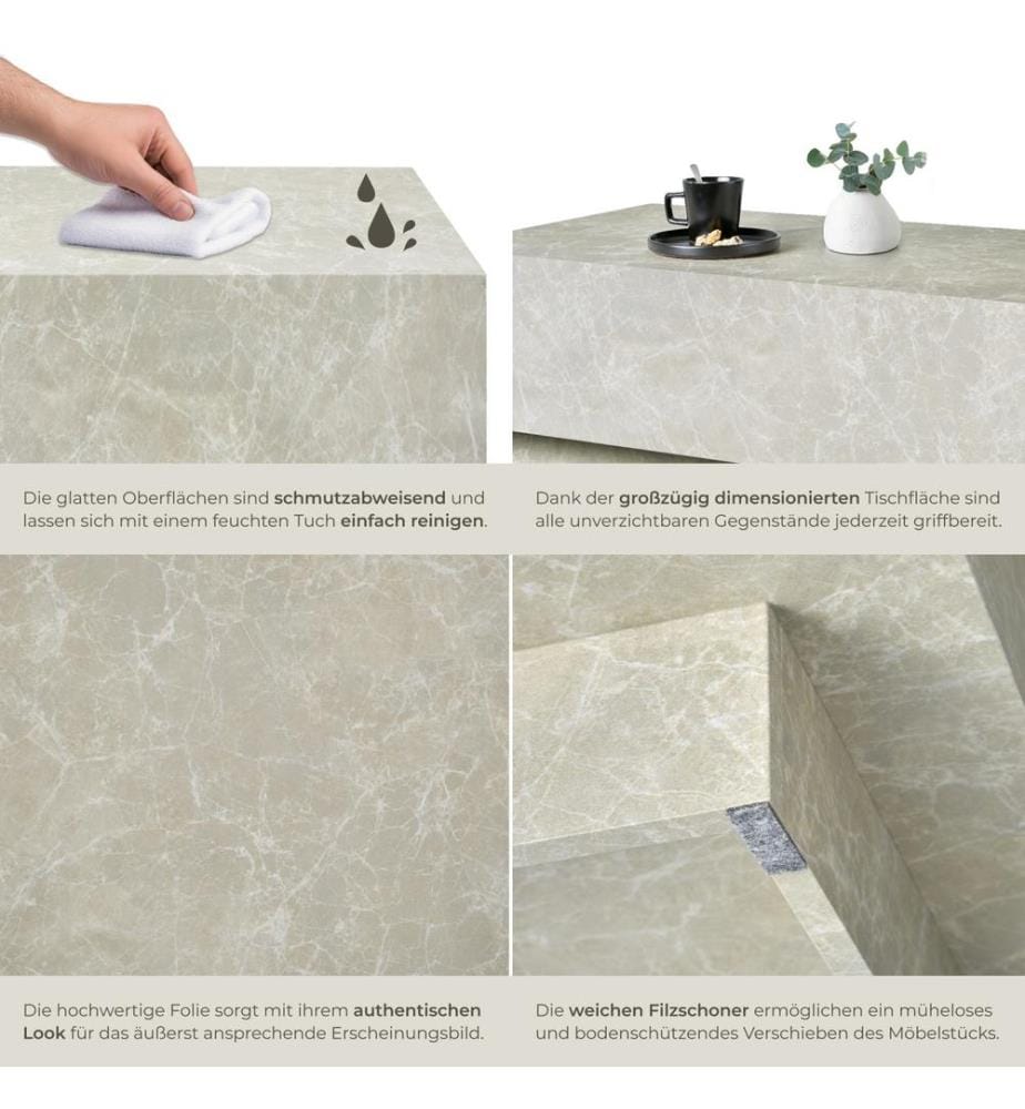 Table basse LASLEY avec pied - Aspect travertin, 120 x 60 x 35 cm