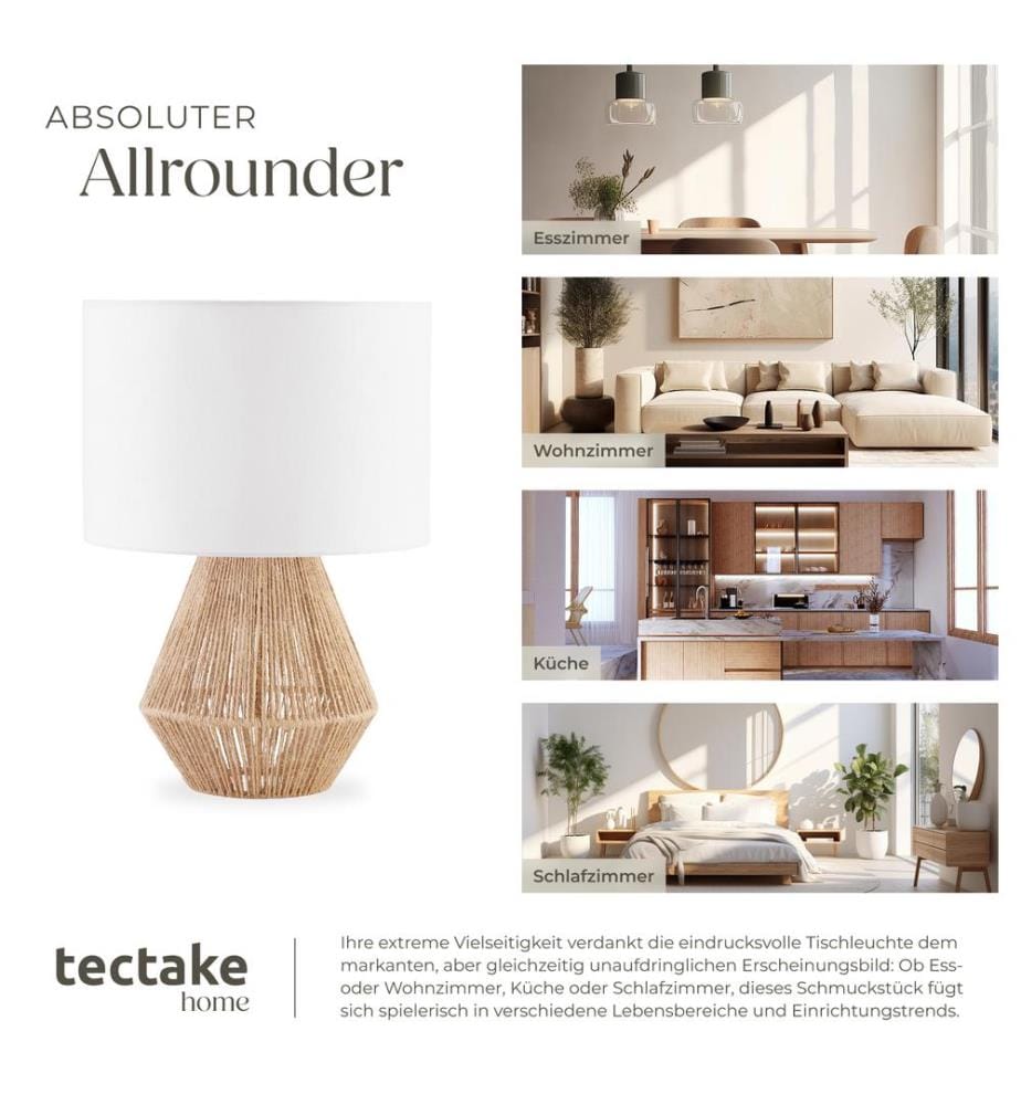 Tischleuchte Lignea Lux aus Jute im Boho-Stil, 60W - natur