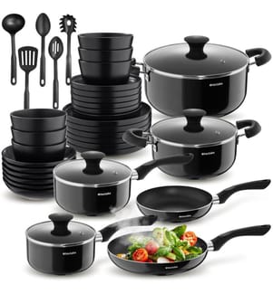 Dinnerware Set for 6 People with Plates, Bowls, Utensils, Pots and Pans - black, 39 pc