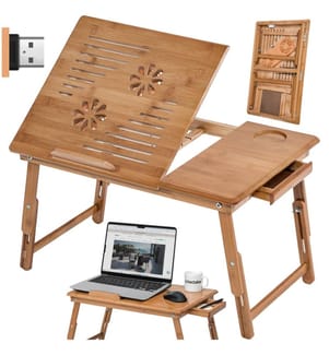 Tavolino porta PC da letto 55x35x26 cm, in legno, regolabile con ventole USB doppie - marrone