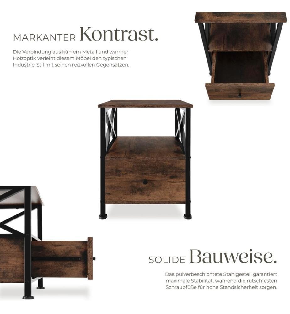 Comodino Falkirk 40x41,5x55,5 cm - Legno industriale scuro, rustico