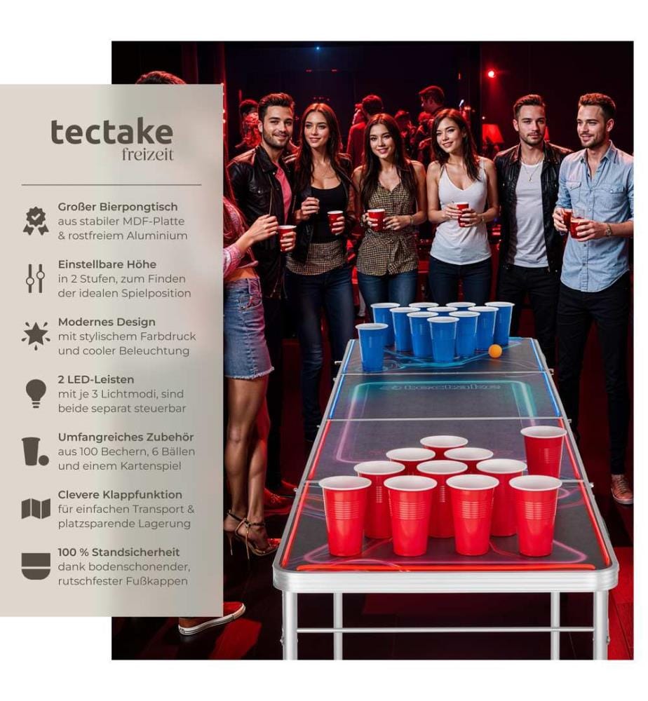 Bierpongtisch BeerWars I, LED-Beleuchtung, inkl Kartenspiel - bunt