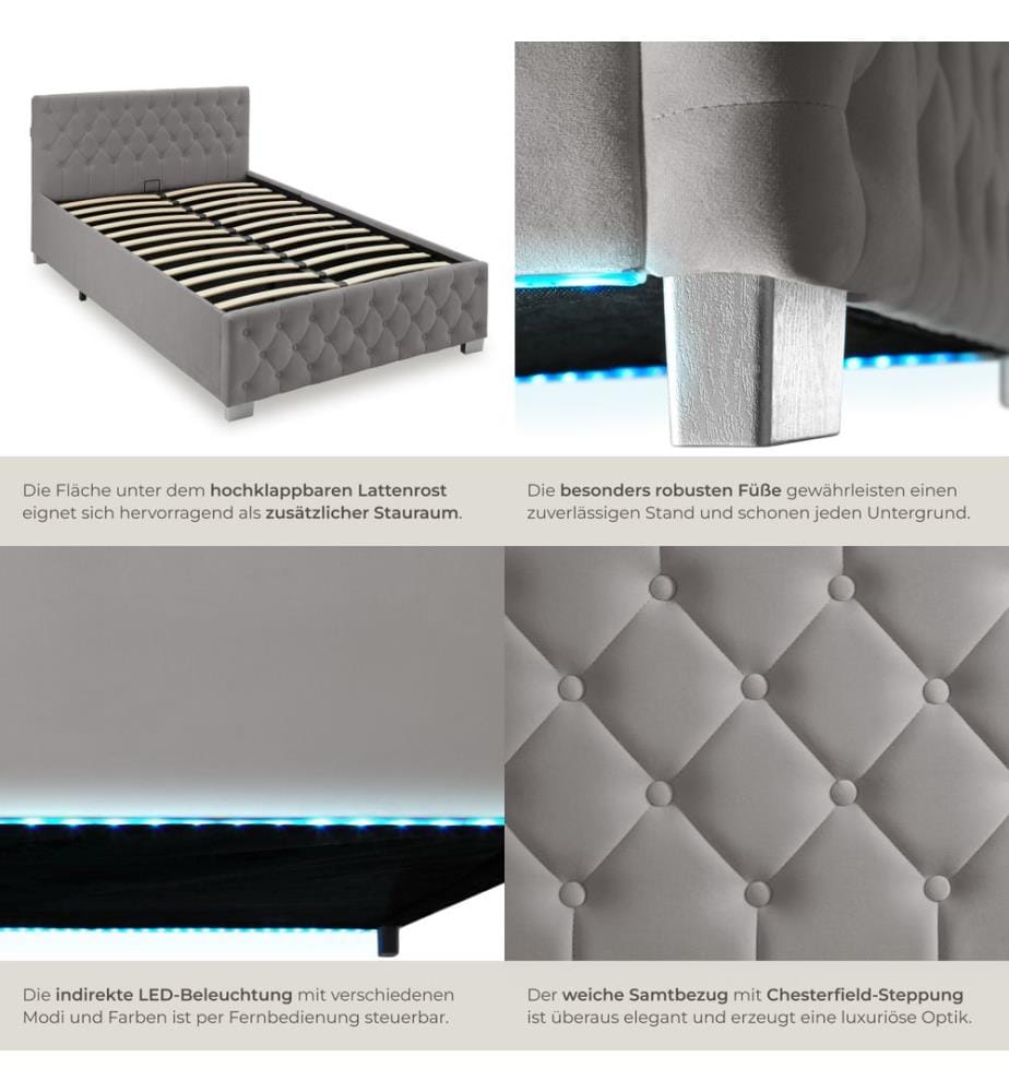 Bed Frame with Storage, LED Strips & Remote Control - dark grey, 120 x 200 cm