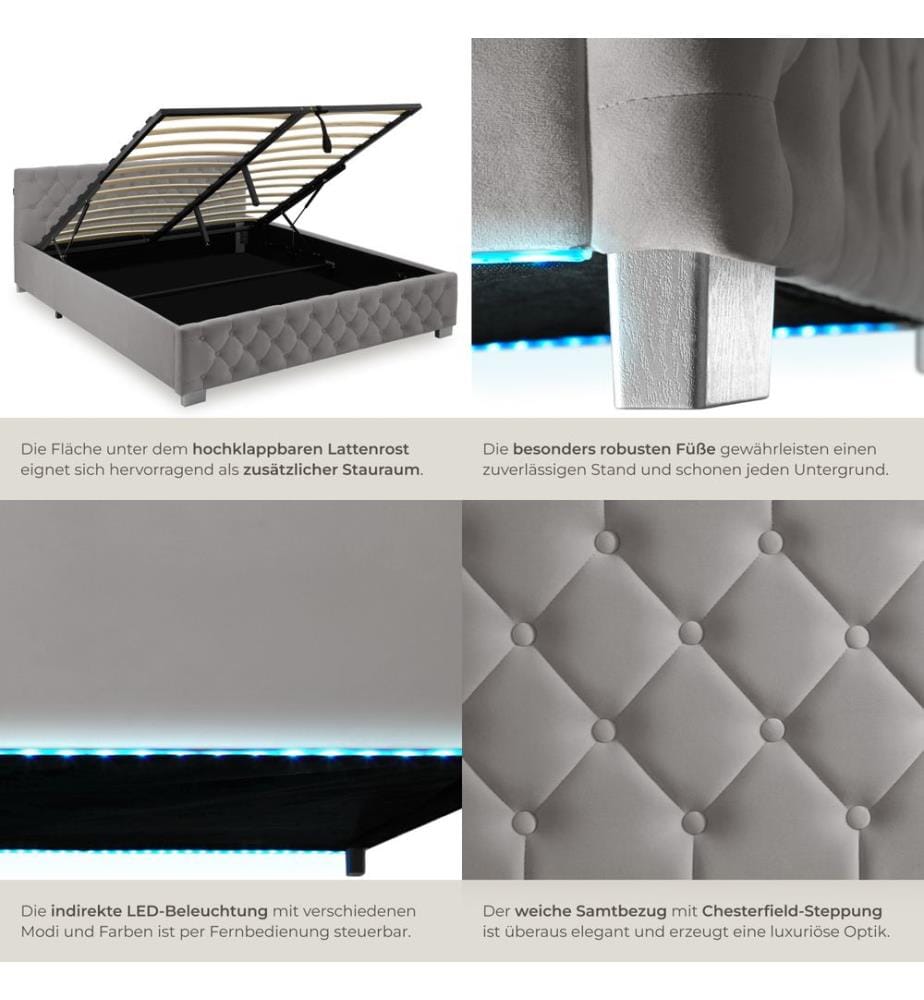 Bed Frame with Storage, LED Strips & Remote Control - dark grey, 180 x 200 cm