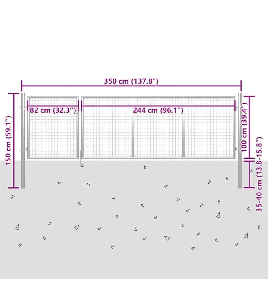 Gartentor Stahl 350 x 100 cm Silbern