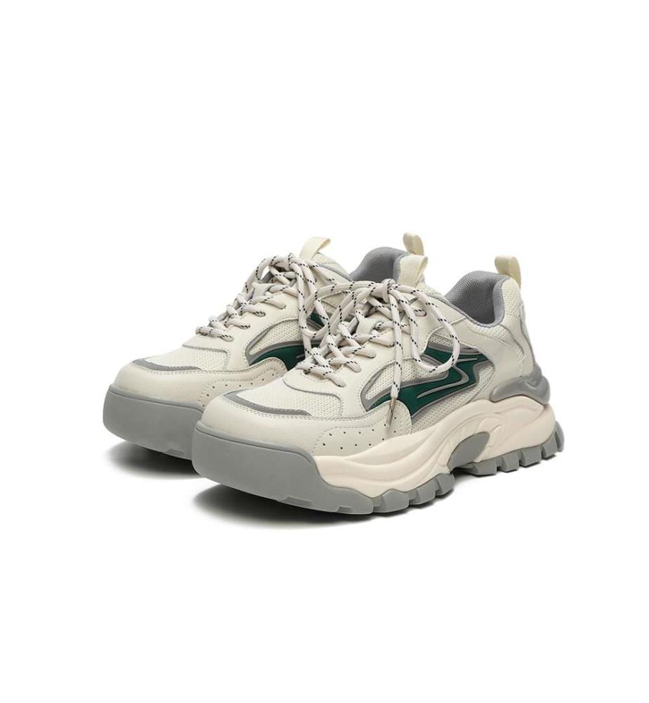 Chunky Platform Sneakers With Green Wave Accent - Ivory