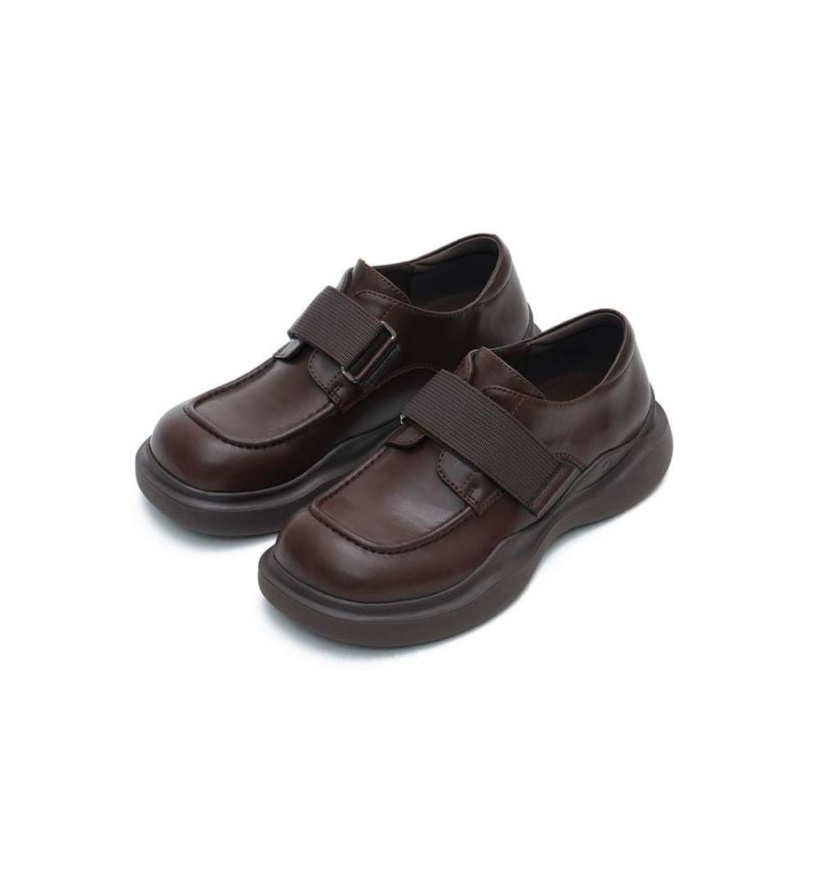 Velcro Platform Loafers - Round-Toe Chunky Leather Slip-Ons - Chocolate