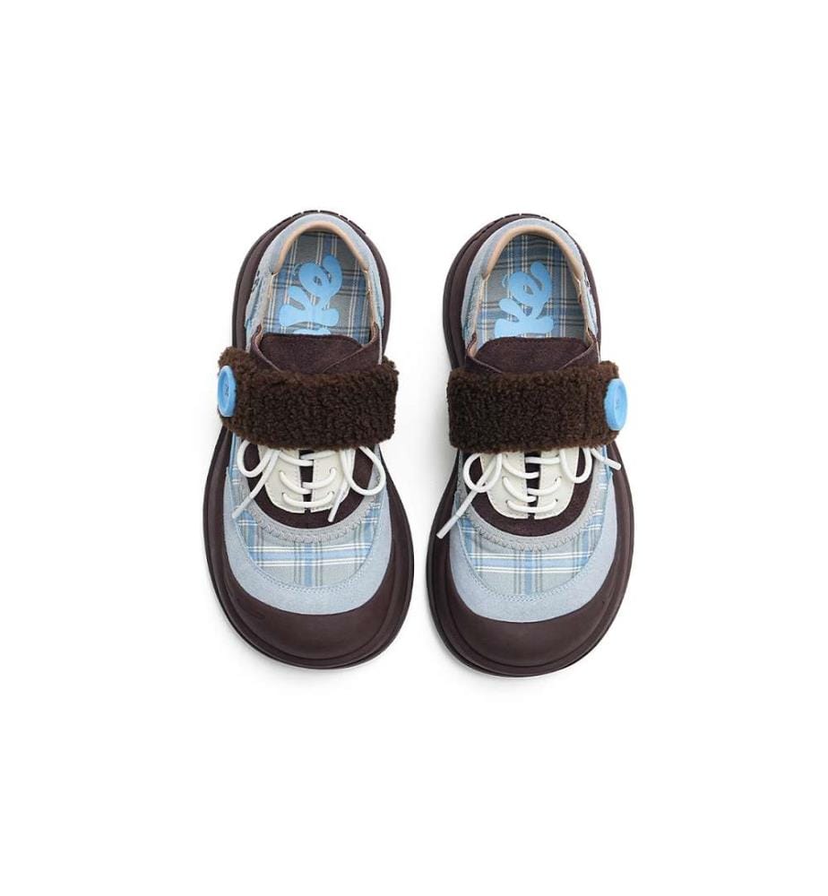 Baskets chunky en sherpa à carreaux - Chaussures à lacets douillettes - Bleu