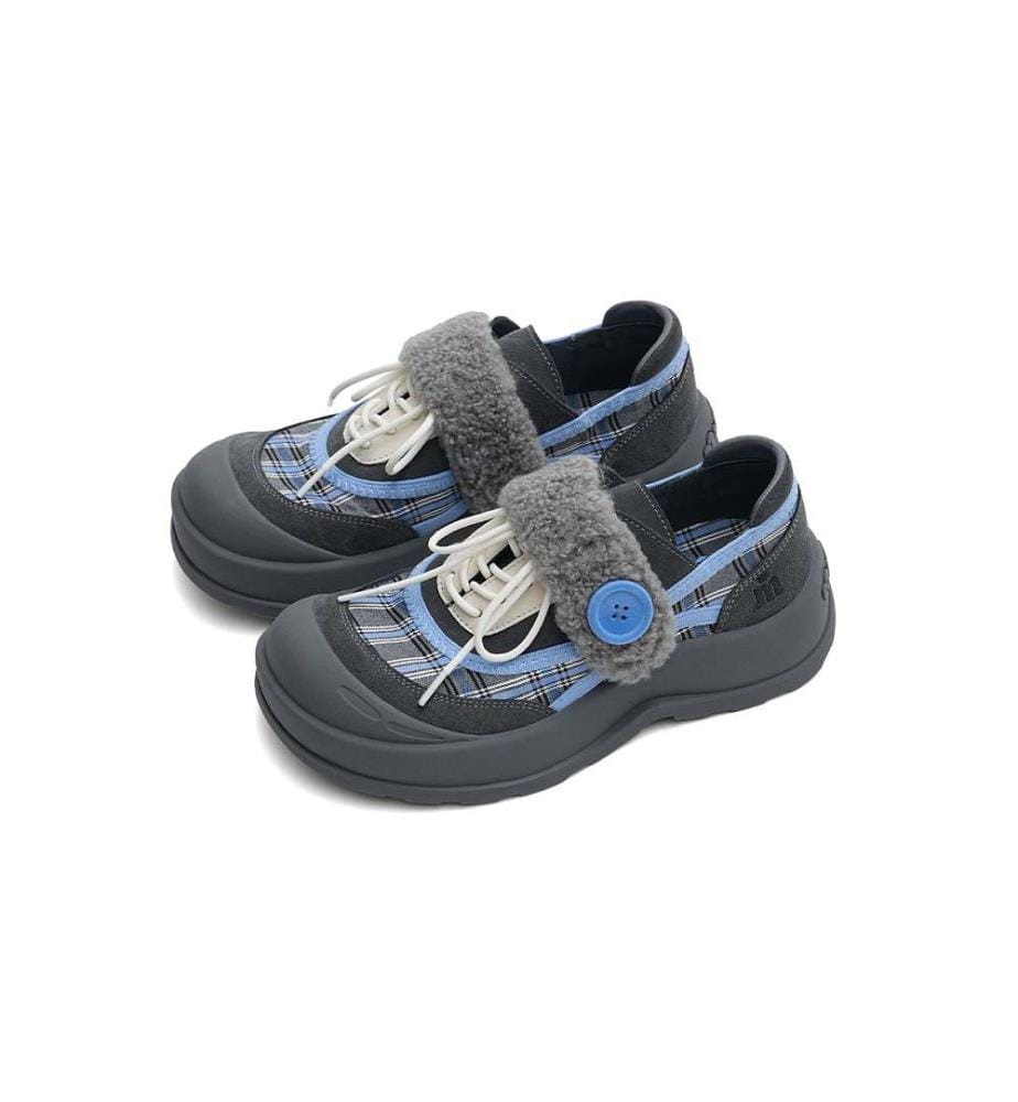 Baskets chunky en sherpa à carreaux - Chaussures à lacets douillettes - Gris