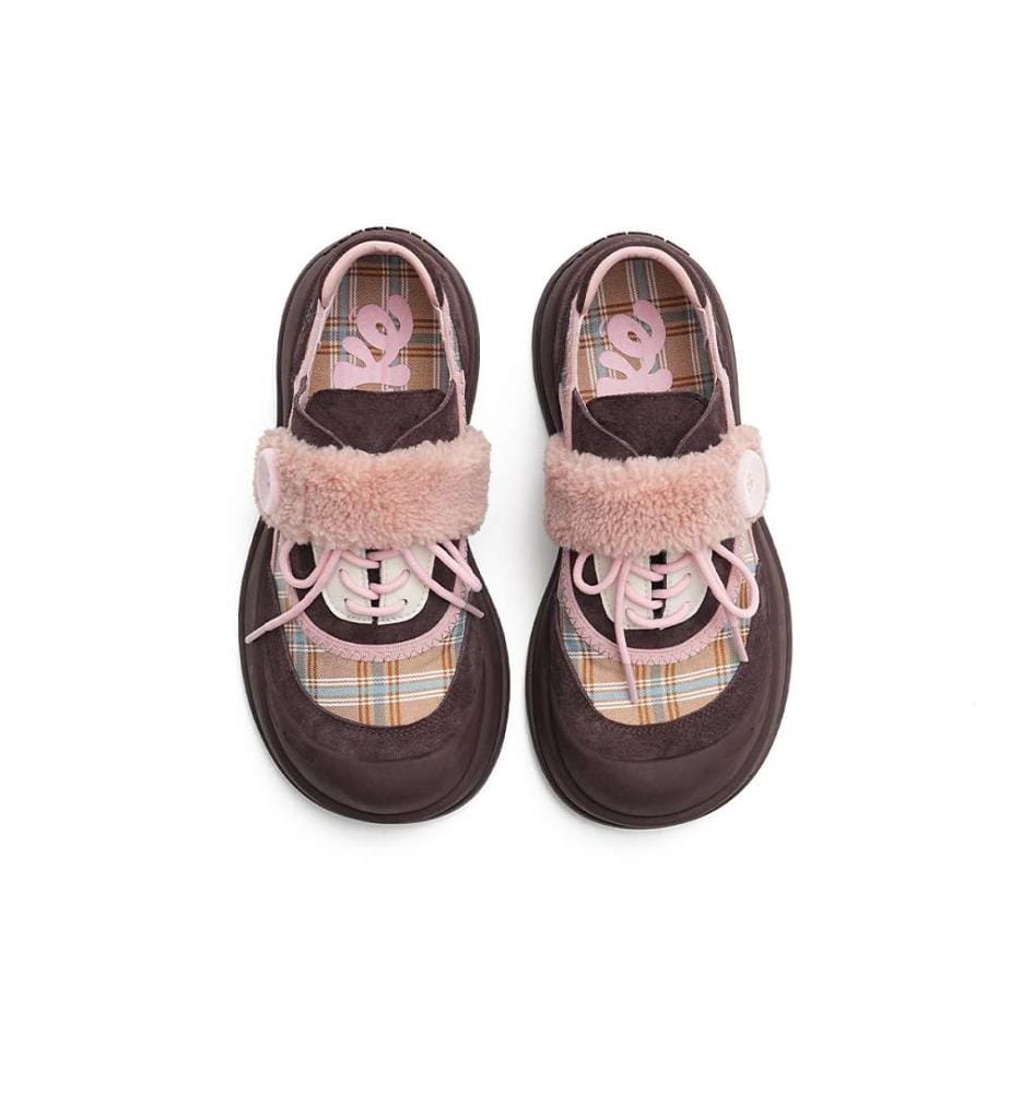 Baskets chunky en sherpa à carreaux - Chaussures à lacets douillettes - Rose