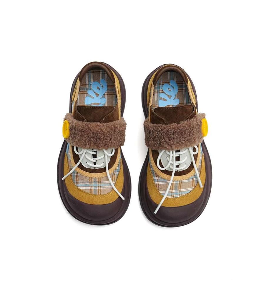 Baskets chunky en sherpa à carreaux - Chaussures à lacets douillettes - Jaune