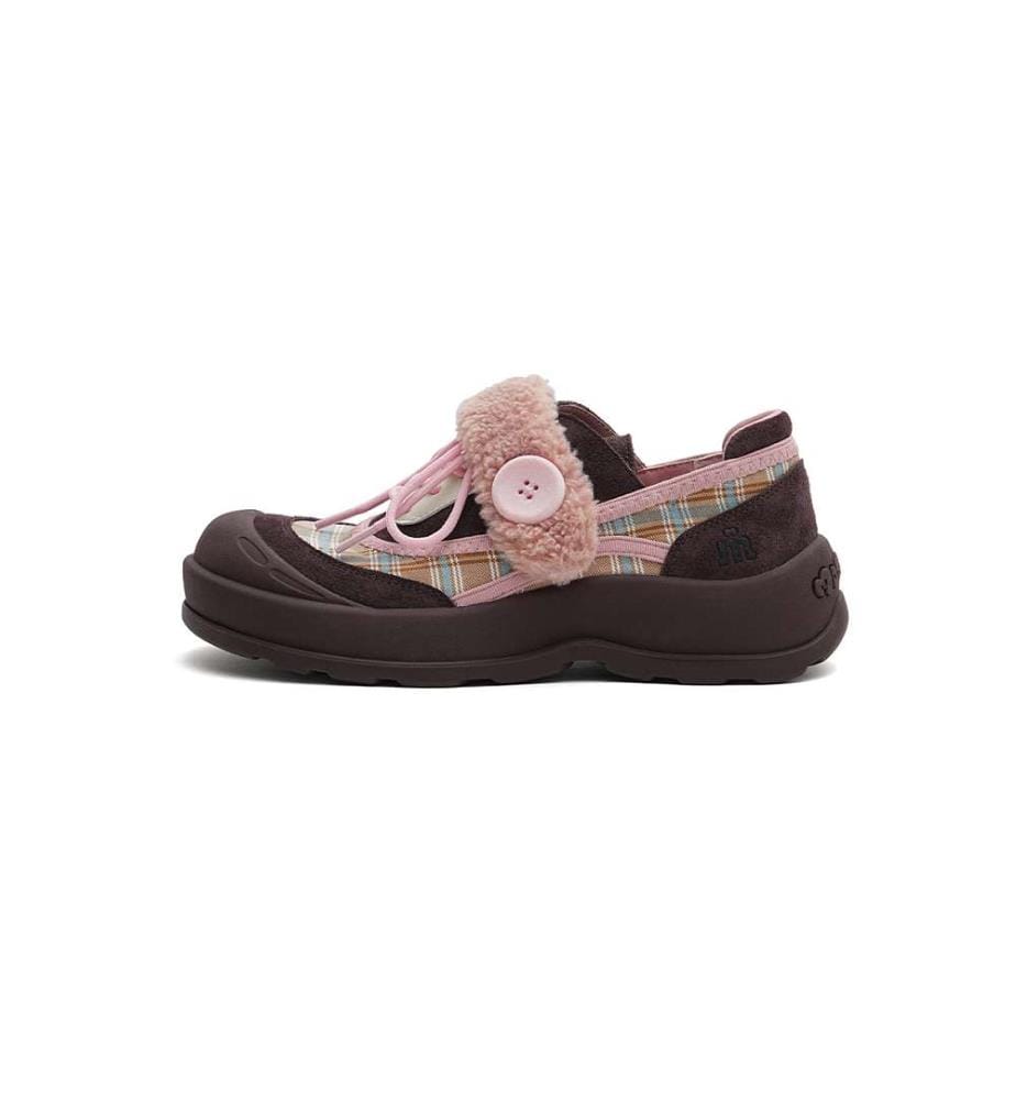 Plaid Fleece-gefütterte Chunky Sneakers - Sherpa Strap Lace-Up Schuhe - Pink