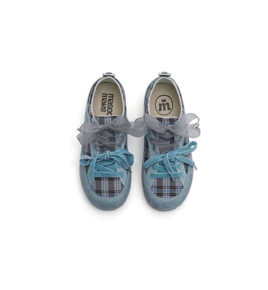 Plaid Ribbon Lace Gat Sneakers - Coquette Flat Trainer Schuhe - Blau