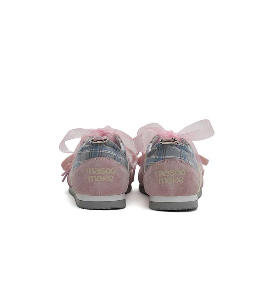 Plaid Ribbon Lace Gat Sneakers - Coquette Flat Trainer Schuhe - Rosa