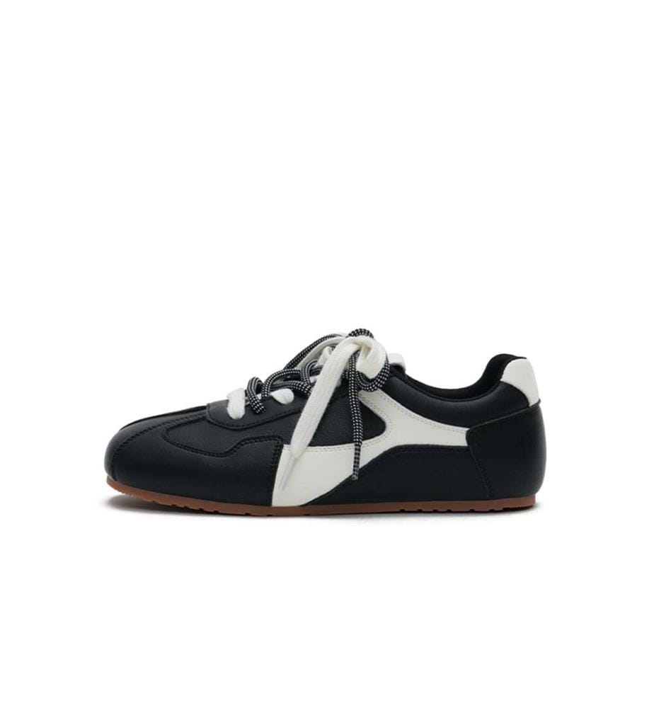 Dual Lace Gat Flat Sneakers - Retro Minimalist Trainer Schuhe - Schwarz