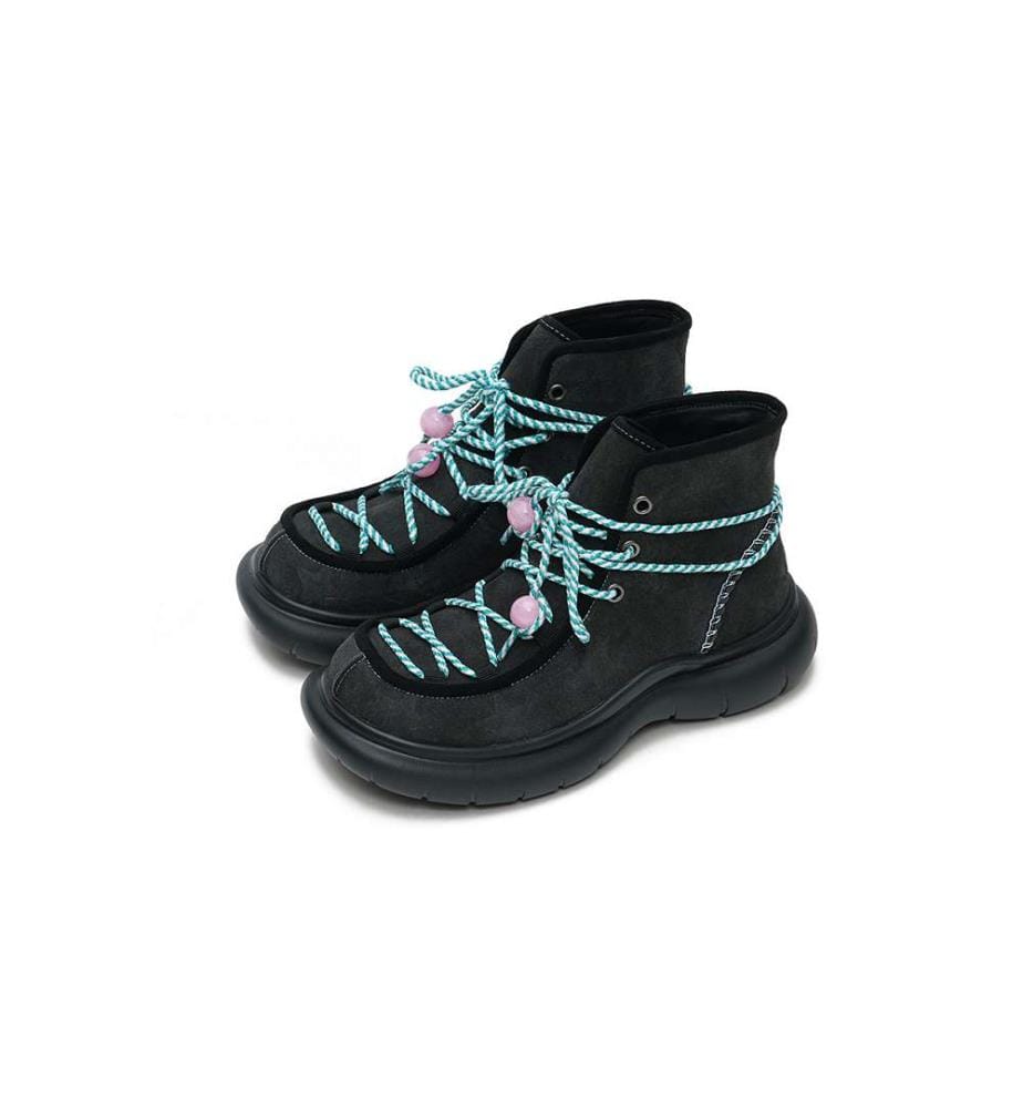 Bottines à plateforme en forme d'étoile - Bottines à lacets avec perles - Noir