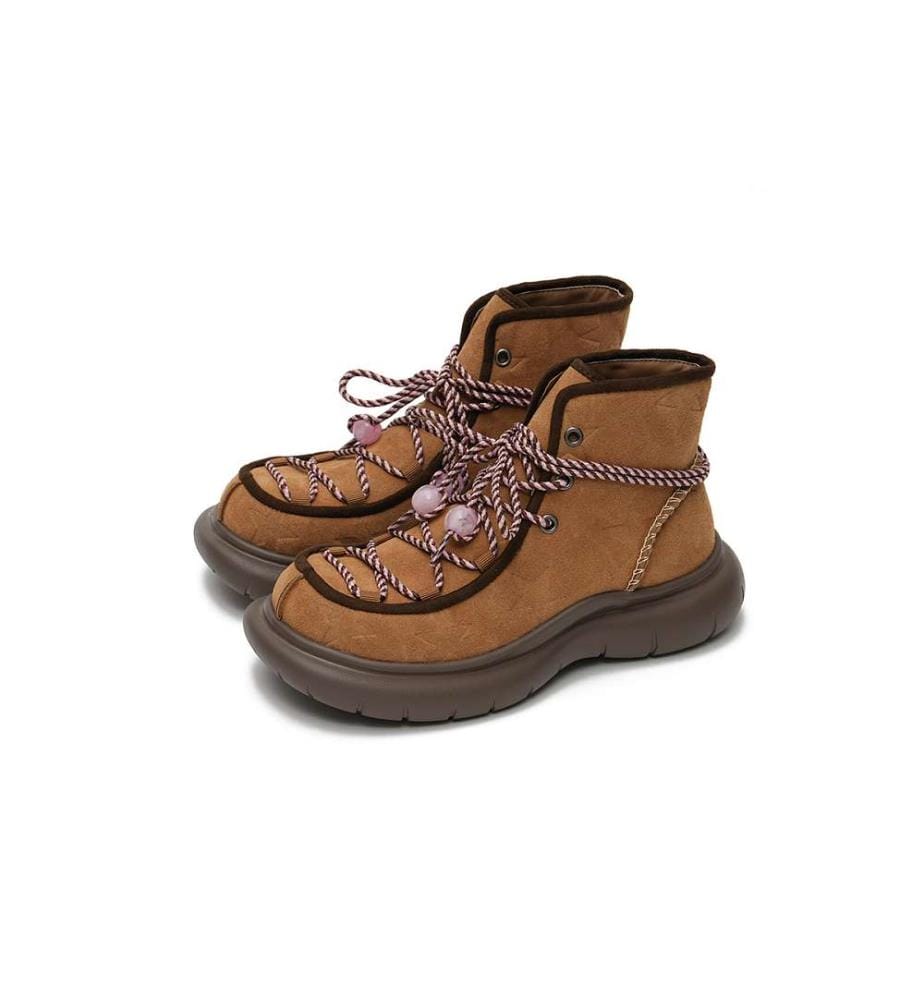 Bottines à plateforme en daim doublées en polaire - Bottines à lacets avec perles - Marron
