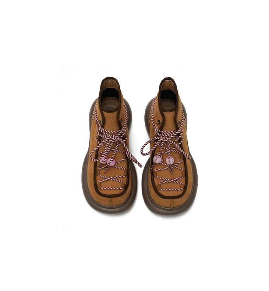 Bottines à plateforme en daim doublées en polaire - Bottines à lacets avec perles - Marron