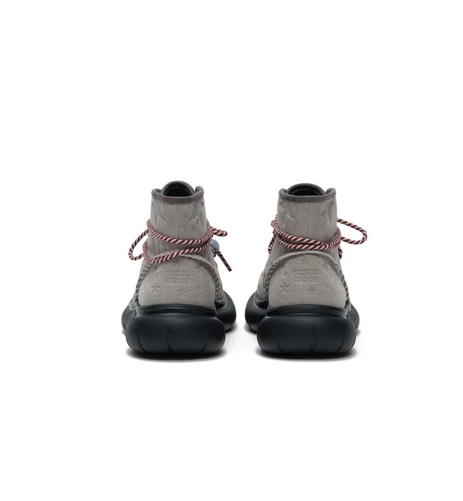 Fleece-Lined Star Suede Platform Ankle Boots – Beaded Rope Lace Chunky Boots - Grey