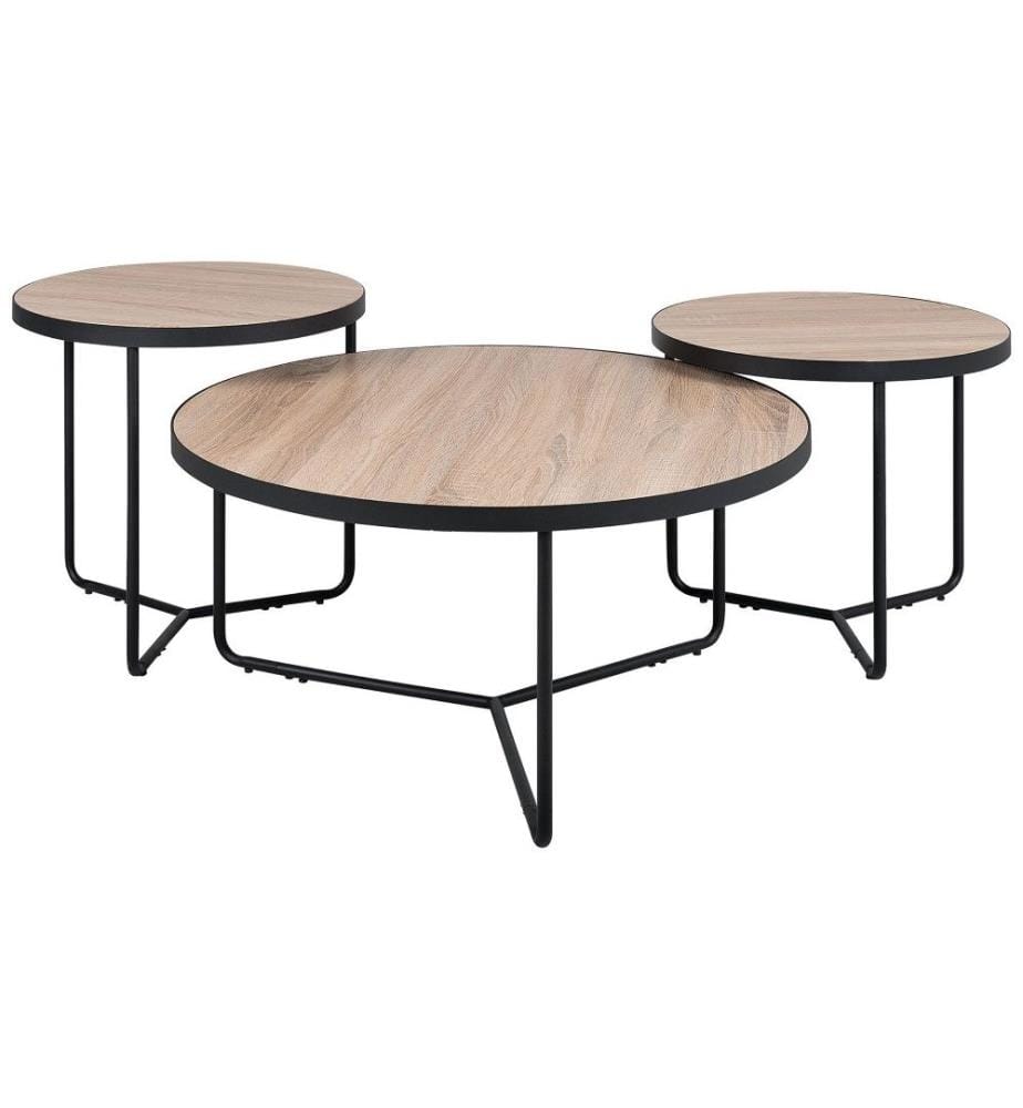 Couchtisch 3er Set Heller Holzfarbton / Schwarz MDF Tischplatte Metallgestell Rund Modern