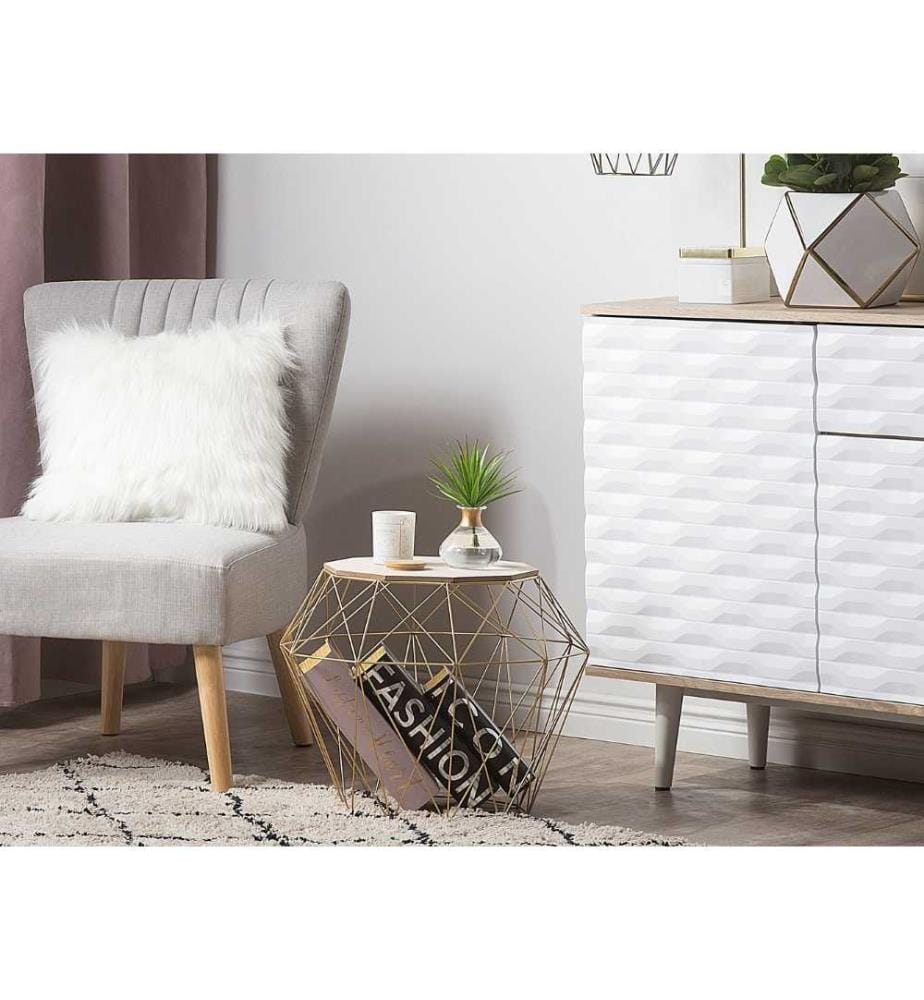 Table Basse d'Appoint 43 cm avec Plateau en Bois Clair et Structure en Métal Doré avec Tendance Rétro et Glamour pour Salon Scandinave