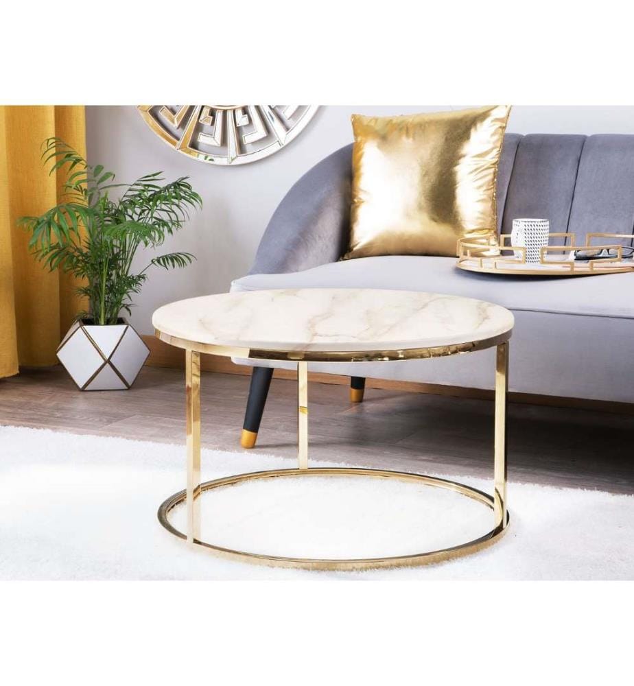 Couchtisch Beige mit Gold Stahlbeinen Poliert Marmor Optik Tischplatte Glänzend Rund Modern