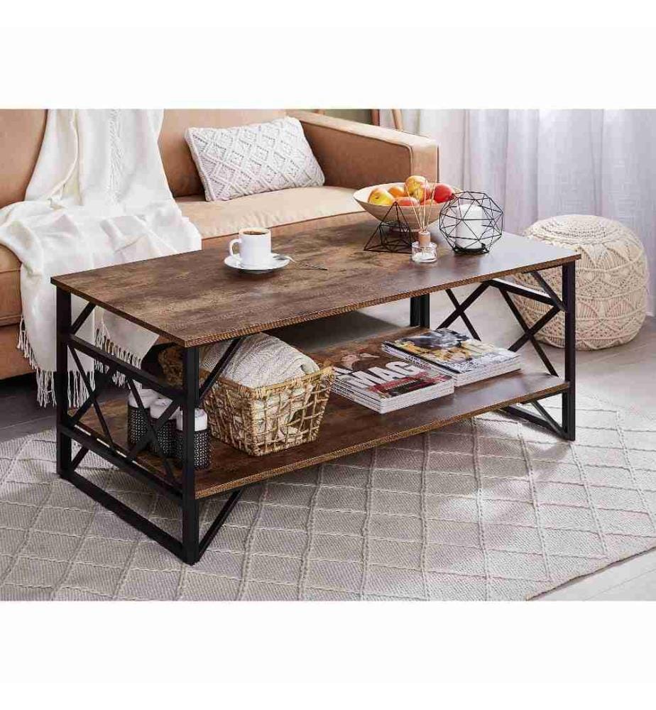 Table Basse avec 2 Plateaux Imitation Bois Foncé et Structure en Acier Noir pour Salon au Style Moderne