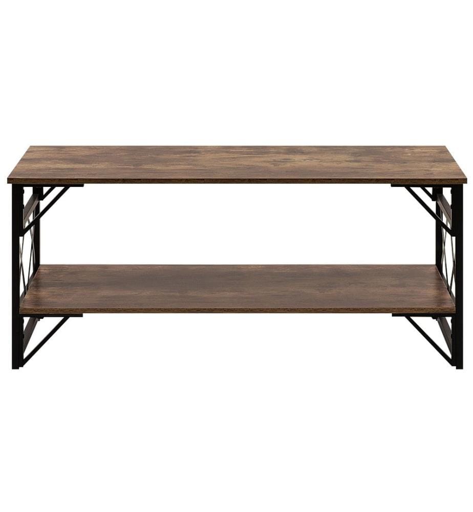 Table Basse avec 2 Plateaux Imitation Bois Foncé et Structure en Acier Noir pour Salon au Style Moderne