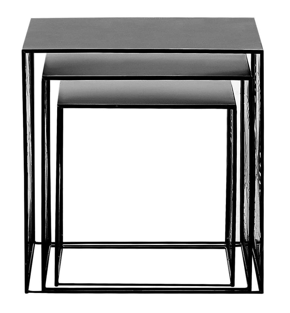 Couchtisch 3er Set Schwarz Eisen rechteckig mit Blättermuster 3-Satz-Tisch stapelbar verschiedene Höhen übereinander stellbar Industrie Stil
