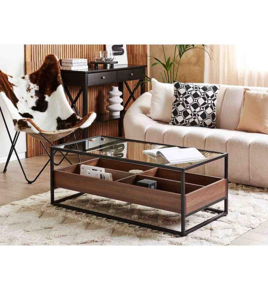 Table basse WACO Verre de sécurité Noir avec rangement